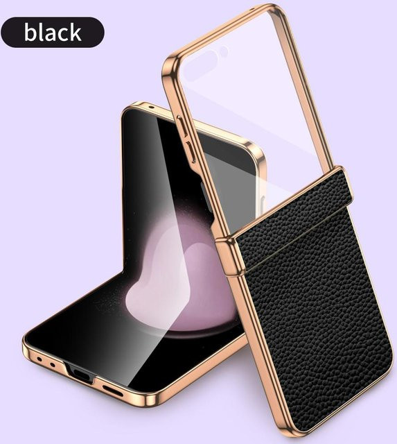 Rindsleder Handyhülle für Samsung Galaxy Z Flip 7 FE 5G, Galaxy Z Flip 7, Flip 6 und Flip 5 mit Scharnier-Schutz und gehärtetem Glas in Schwarz - Bild 1