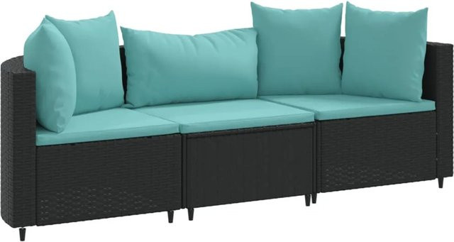 vidaXL 3-tlg Garten-Sofagarnitur in L-Form aus Poly Rattan und Metall mit Kissen, Schwarz und Blau - Bild 1
