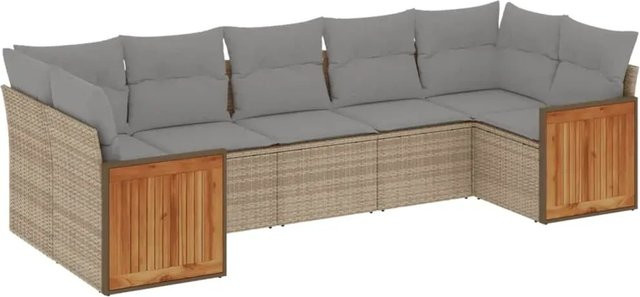 vidaXL 7-teilige Garten-Sofagarnitur in L-Form aus Poly-Rattan und Akazienholz mit Kissen in Beige und Grau - Bild 1