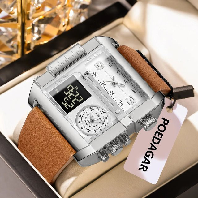 POEDAGAR Digitaluhr, Quarz, Schwarz, Leder, Herren - Bild 1