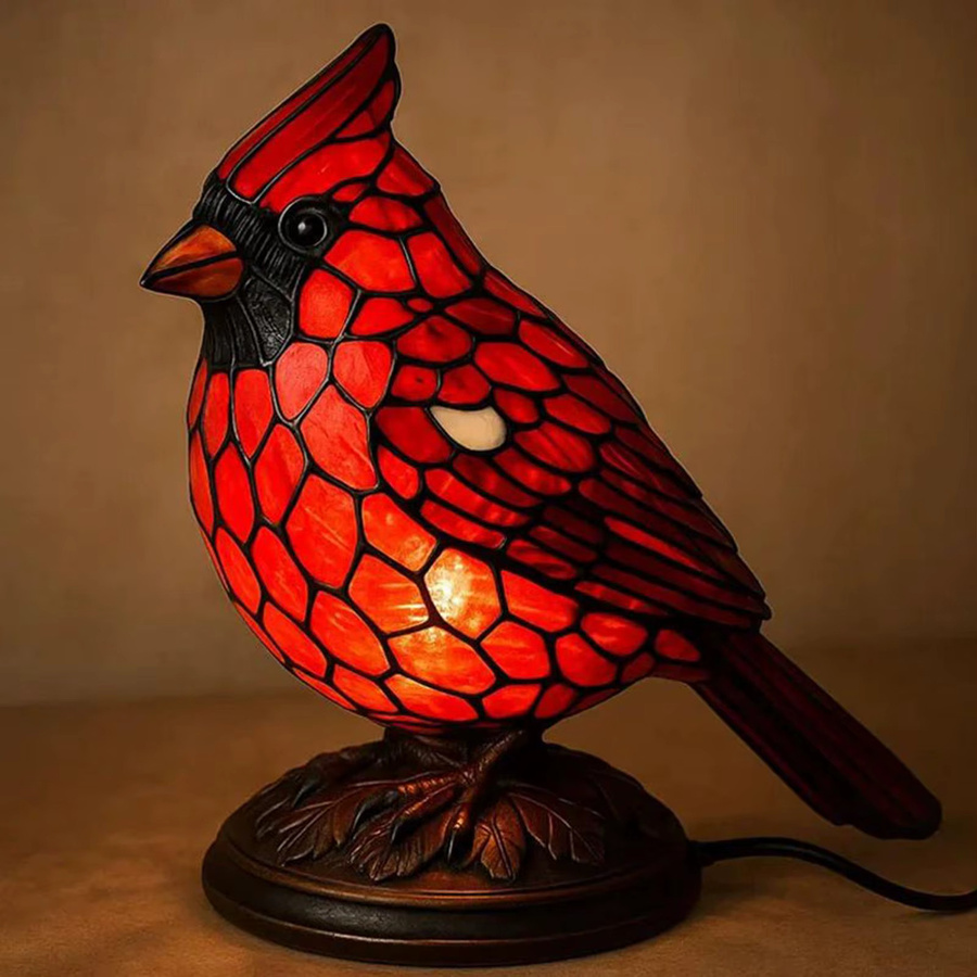 Realistische Vogel Nachttischlampe aus Harz in Rot und Braun für das Kinderzimmer - Bild 3