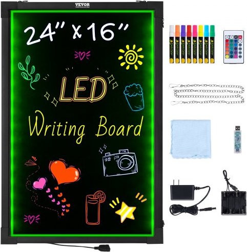 VEVOR LED Message Writing Board, beleuchtetes Neon-Menüschild mit Fernbedienung und 8 fluoreszierenden Markern, Schwarz, Breite: 60,96 cm, Höhe: 40,64 cm - Bild 1