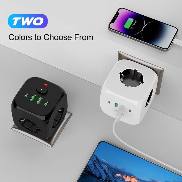 Szaoju 7-in-1 EU-Steckdosenleiste in Weiß mit 3 AC-Steckdosen, 2 USB-A und 2 USB-C Anschlüssen - Bild 1