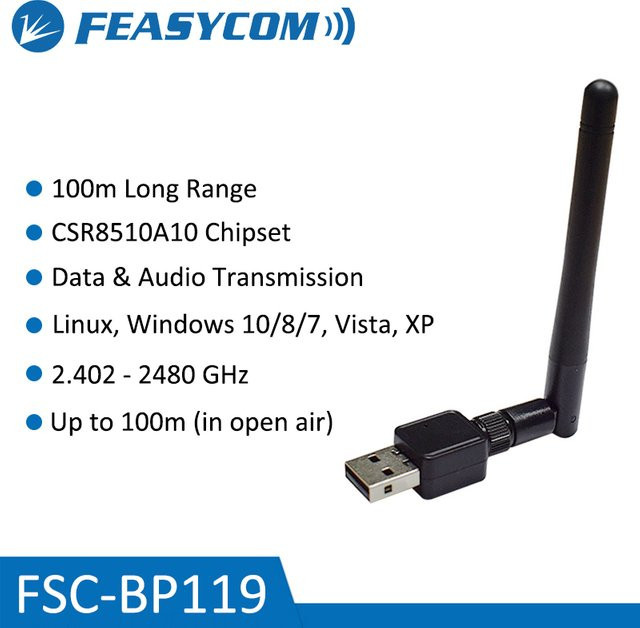 Feasycom FSC-BP119 Bluetooth 4.0 Dongle Klasse 1 mit 100 m Reichweite und SMA, USB-Adapter in Schwarz für Windows und Linux - Bild 1