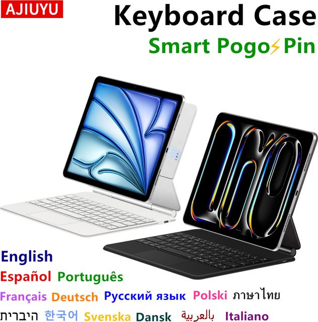 AJIUYU Magic Keyboard Case für iPad Pro 11 und 12.9 M4 sowie iPad Air 4, 5 und 6 mit Pogo Pin Direktverbindung und Hintergrundbeleuchtung in Weiß - Bild 1