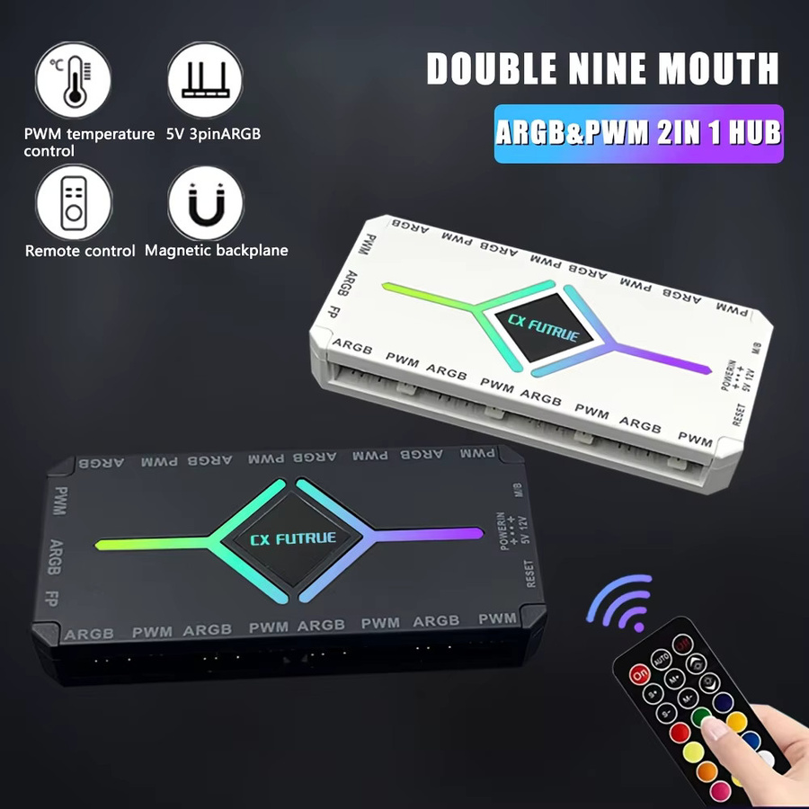 Magnetischer 2-in-1 ARGB PWM Lüfter-Hub mit Fernbedienung und integriertem PC-Controller, 9+9 Ports, Schwarz/Weiß - Bild 6