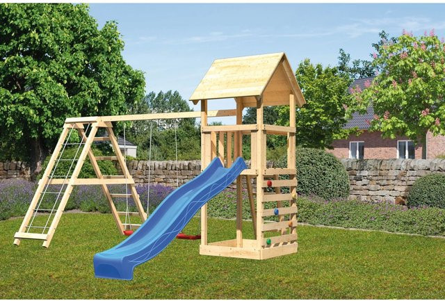 Karibu Spielturm Lotti mit Doppelschaukel, Klettergerüst, Kletterwand und Rutsche in Blau - Bild 1