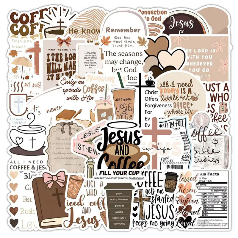Bohemia-Stil Jesus und Kaffee Motivierende Sprüche Sticker Set, Vintage Kunst Graffiti Aufkleber für Laptop und Notizbuch, Mehrfarbig - Bild 2