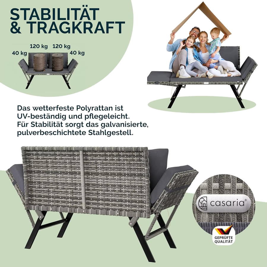 Homfa Gartenbank aus Rattan mit verstellbaren Armlehnen und dunkelgrauen wetterbeständigen Kissen für Garten und Terrasse - Bild 6