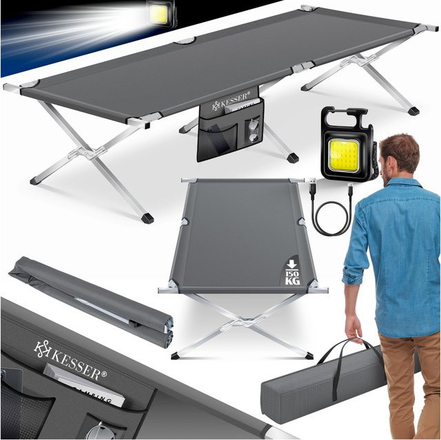 KESSER Campingbett Klappbett in Grau mit Tragetasche und Seitentaschen aus 600D Oxfordgewebe und Metallrohr, belastbar bis 150 kg - Bild 1