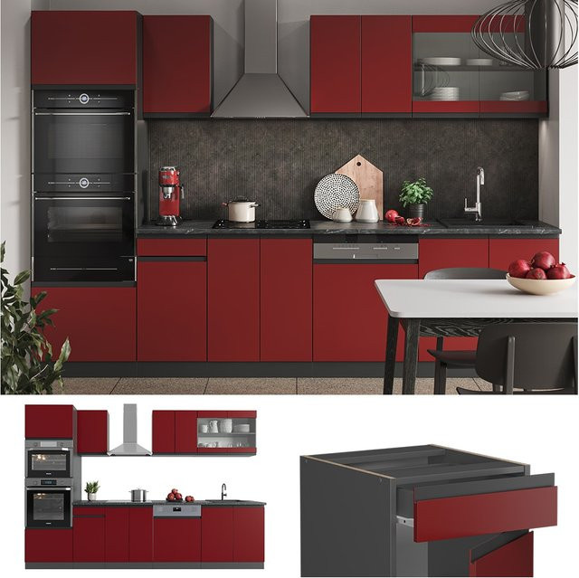 Vicco Küchenzeile R-Line J-Shape in Anthrazit und Rot, moderne Einbauküche aus Spanplatte, Breite: 300 cm - Bild 1