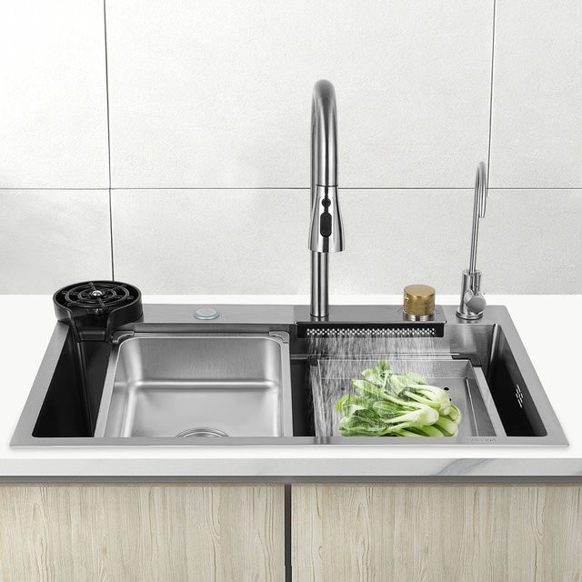 Bymaocar Küchenspüle in Silber mit Wasserhahn-Becherwascher und 4-Wasserauslassmodi - Bild 1