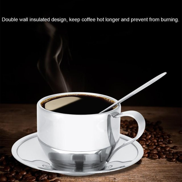 Isolierter Kaffeebecher aus Edelstahl von mfySpace mit Untertasse und Löffelset, Doppelwandig, Schwarz - Bild 1
