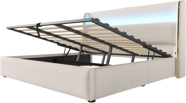 okwish Hydraulisches Bett mit LED-Beleuchtung und USB-Ladeport in Beige, B/T/H: 180 x 200 x 121 cm - Bild 1