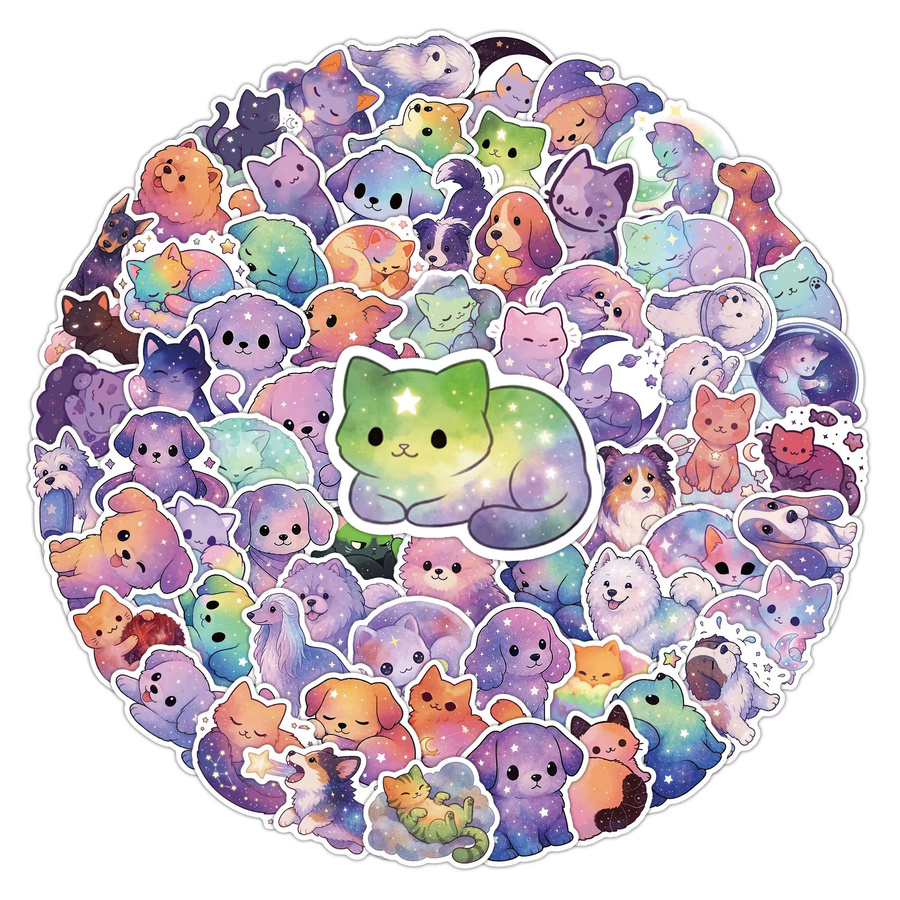 50er-Pack Wasserfeste Cartoon Sticker mit Sternennacht Katzen und Hunde Motiven in Multicolour für Notizbücher und Deko - Bild 3