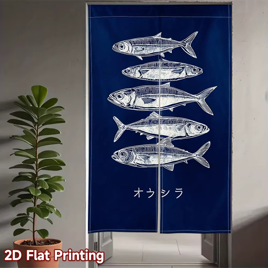 VIKAMA Japanischer Türvorhang mit Fischblock-Print in Blau, minimalistischer Trennvorhang für Eingangsbereich und Küche, Breite: 90 cm, Höhe: 65 cm - Bild 3