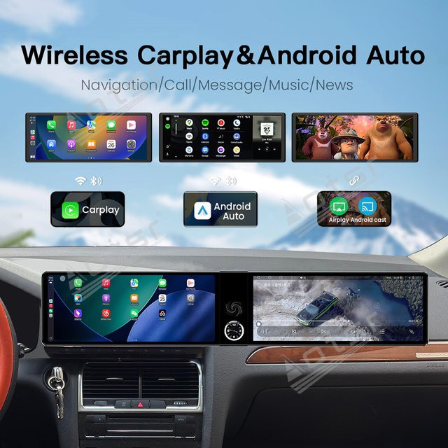 Aotsr Doppelbildschirm Multimedia-Stereo-Hauptgerät für Audi Q7 2005-2015 mit 12,3 Zoll Touchscreen, CarPlay, GPS-Navigation und Qualcomm Prozessor in Schwarz - Bild 1