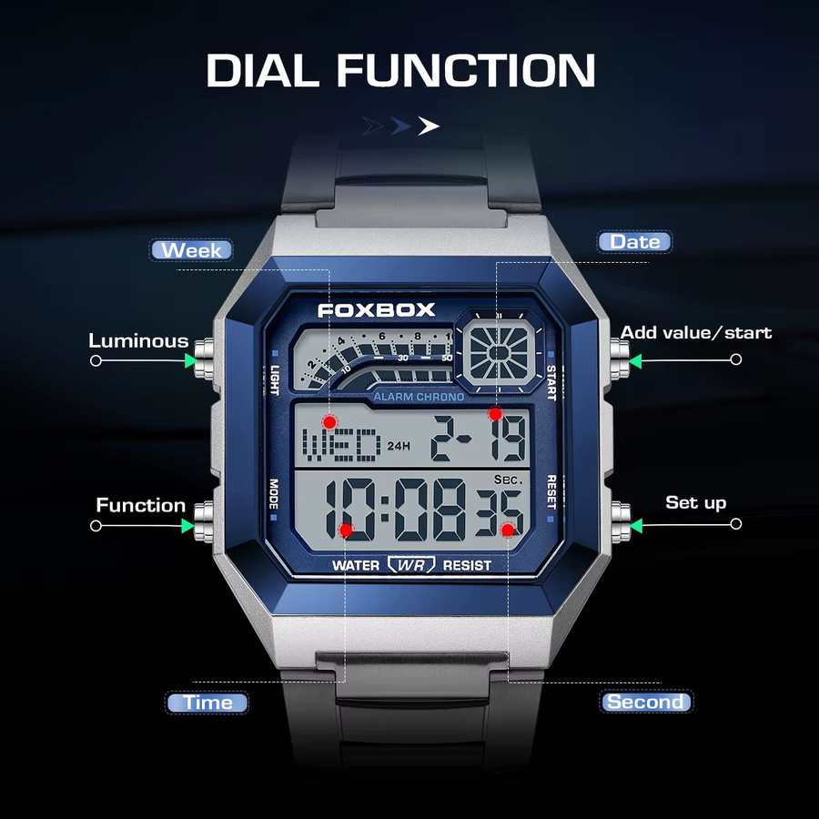 FOXBOX Digitaluhr, Edelstahl, Eckig, Quarz, Herren - Bild 3
