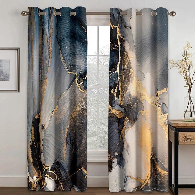 2er-Set Verdunkelungsvorhänge mit modernem Schwarz-Gold Marmorierung Design für Wohnzimmer und Schlafzimmer, Breite: 50 cm, Höhe: 60 cm - Bild 1
