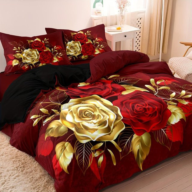 Bettbezug-Set mit romantischem Rosenmuster in Rot, atmungsaktives Microfaser-Material mit Reißverschluss, B/H: 180 x 210 cm - Bild 1