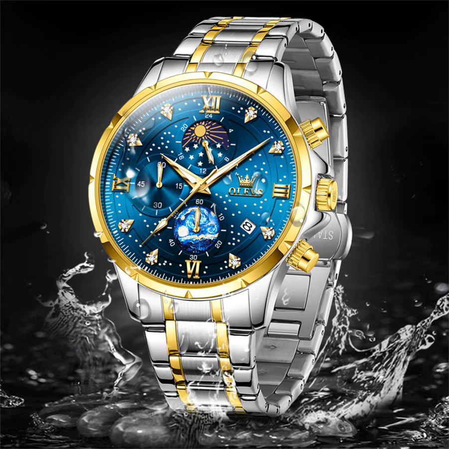 OLEVS Chronograph, Quarz, Edelstahl, Blau, Herren - Bild 3