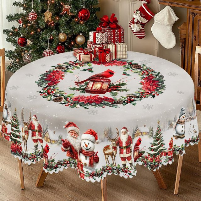 JINGYUE Pet Weihnachts-Tischdecke im Vintage-Bauernhaus-Stil mit Weihnachtsmann, Rentier und Weihnachtsbaum-Aufdruck, grau, B: 152 cm, T: 220 cm - Bild 1