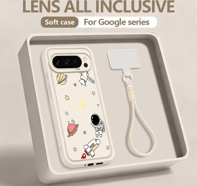 Handyhülle mit Astronauten-Muster für Google Pixel 10 9 Pro XL 8 7 Pro 9A 8A 7A aus weichem Silikon mit Trageband in Beige, Weiß und Schwarz - Bild 1