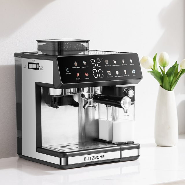 BlitzHome CM5710 All-in-One-Espressomaschine in Schwarz mit integriertem Mahlwerk, Doppelkessel und automatischem Milchaufschäumer für heißes und kaltes Brauen aus Edelstahl - Bild 1
