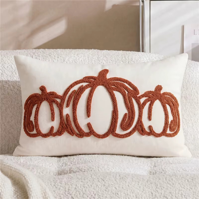 Efundeal Herbst-Kissenbezug mit getufteter Stickerei und Kürbismuster in Beige und Weiß - Bild 2