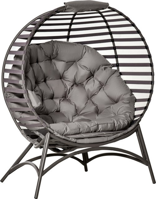 Outsunny Papasansessel Gartenstuhl mit 2 Kissen, ovaler Loungesessel aus Rattan und Stahl, Sandbraun, B/T/H: 118 x 75 x 139 cm - Bild 1