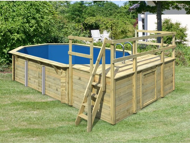 Karibu Holzpool Set 4 in Blau und Grau mit Filteranlage, Skimmer, drei Sonnenterrassen, Poolfolie, Schutzvlies und Einhängeleiter, B/T/H: 600 x 400 x 111 cm - Bild 1