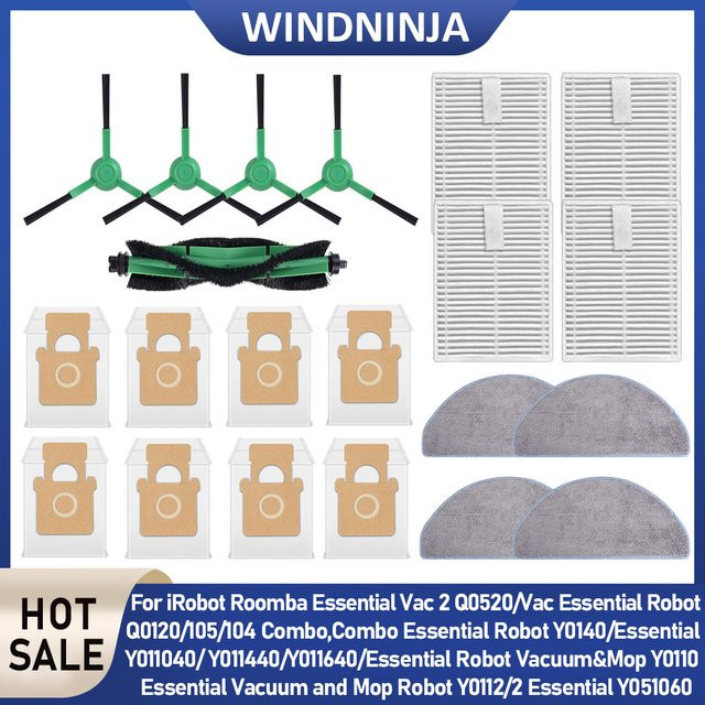 Seitenbürsten und Zubehör-Set passend für iRobot Roomba 105 Vac/Combo 2 Essential sowie Essential Vac 2 Q0520 inklusive HEPA-Filter, Mop und Staubbeutel - Bild 1