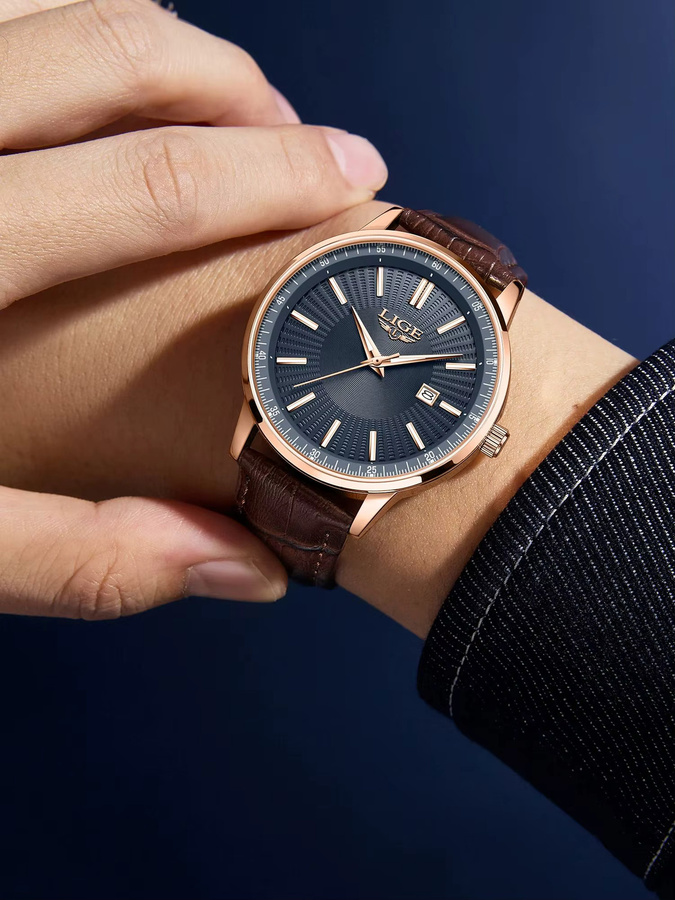 LIGE Armbanduhr Quarz, Leder, Schwarz, Roségold, Herren - Bild 7