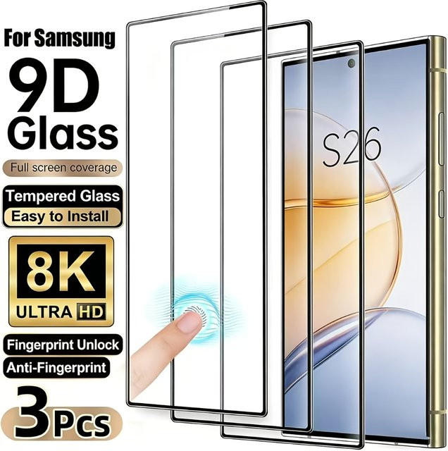 NNBILI 3er-Pack HD-Displayschutzfolien mit schwarzem Rand für Samsung Galaxy S26 S25 S24 S23 S22 S21 Ultra und Plus Modelle, unterstützt Fingerabdruck-Entsperrung, Schwarz/Transparent - Bild 1