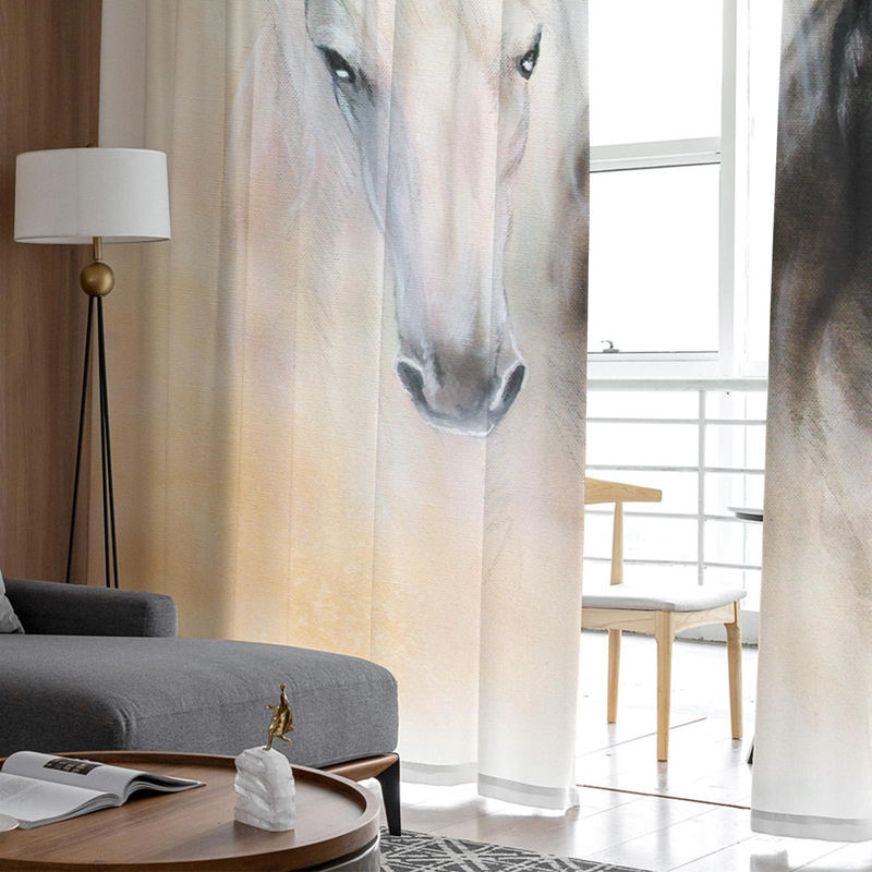 Transparenter Tüllvorhang von A Family Of Home Textiles mit Aquarellmalerei von schwarzen und weißen Pferden, Breite: 135 cm, Höhe: 114 cm - Bild 4