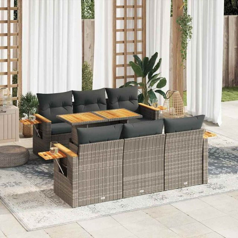 7-tlg. Garten-Sofagarnitur mit Kissen aus Polyrattan und Akazie in Grau von vidaxl - Bild 1