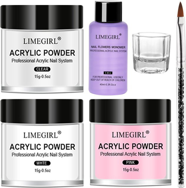 LIMEGIRL Nagel-Acrylpulver und Monomer-Set, rosa, weiß, transparent, glänzend - Bild 1