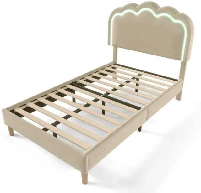 KOMHTOM Jugendbett mit LED-Beleuchtung, gepolstertes Einzelbett aus Leinen und Holz, Beige, B/T/H: 90 x 190 x 104 cm - Bild 1