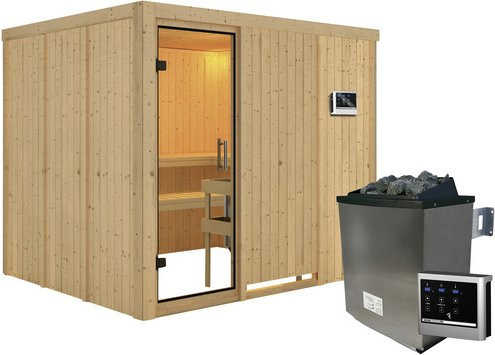 Karibu Sauna Jöhvi aus Fichtenholz mit 9 kW Saunaofen und externer Steuerung für 4 Personen, beige, B/T/H: 231 x 196 x 198 cm - Bild 1
