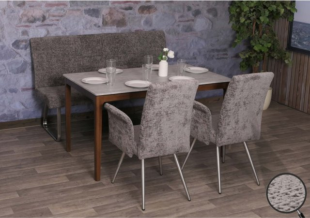Esszimmer-Set MCW-G55 mit 2 Stühlen mit Armlehnen und einer Sitzbank, Farbe Dunkelgrau, Material Chenille und Edelstahl gebürstet, Breite der Sitzbank: 160 cm - Bild 1