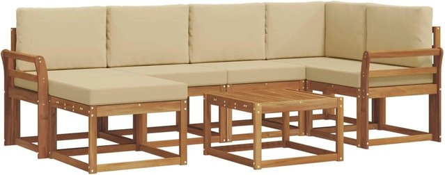 vidaXL Outdoor-Sofagarnitur aus Akazienholz in L-Form mit 7 Teilen, Couchset mit Kissen und Couchtisch in Braun und Beige - Bild 1
