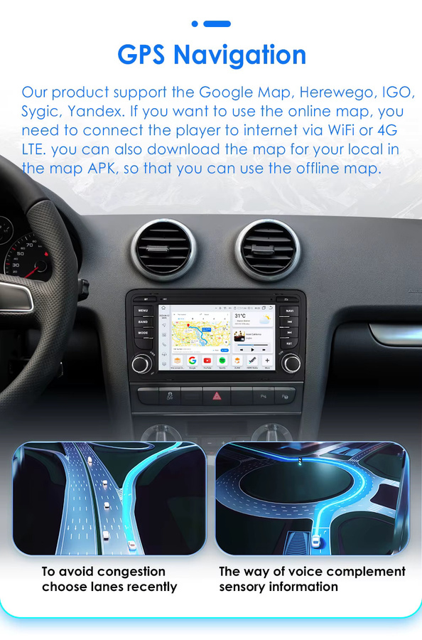 Hizpo 7-Zoll Android Autoradio für Audi A3 8P 2003-2012 S3 RS3 mit Carplay, GPS-Navigation, 8-Kern-Prozessor und KI-Sprachsteuerung in Schwarz - Bild 6