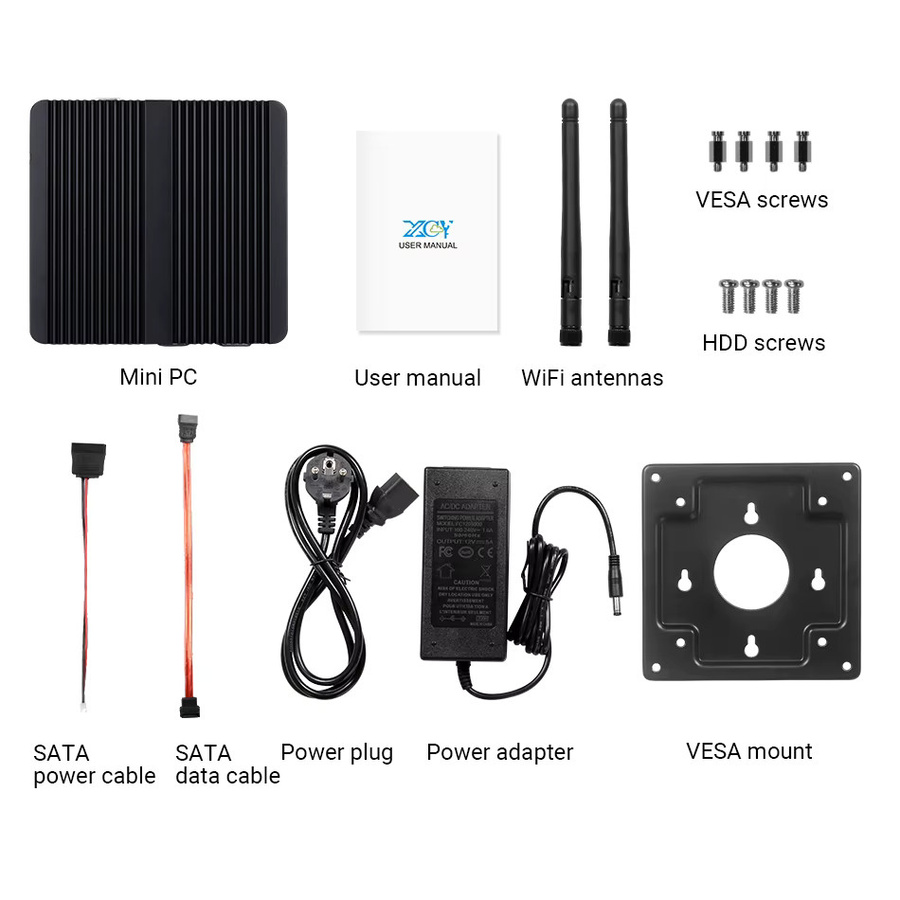XCY Lüfterloser Mini-PC mit Intel Celeron J1900 Quad-Core 2,0 GHz, 256 GB, 8 GB RAM, Schwarz, 2x RS232, 2x LAN, Wi-Fi, Windows 10 Linux Embedded IoT Industriecomputer - Bild 5