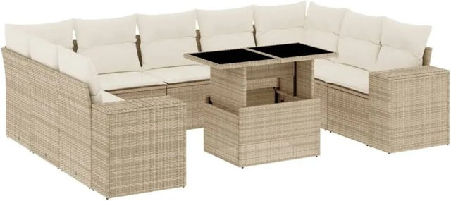vidaXL 10-tlg Garten-Sofagarnitur L-Form aus PE-Rattan in Beige mit UV-beständigen Kissen und pulverbeschichtetem Stahlgestell - Bild 1