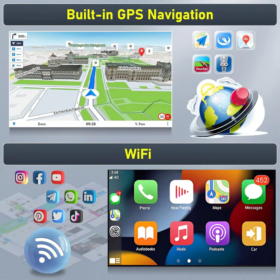 Android 14 Multimedia-Radio mit GPS-Navigation und Rückfahrkamera für Fiat Panda 2003-2011, 7 Zoll Display, 4+64GB, Carplay und Android Auto, Schwarz - Bild 4
