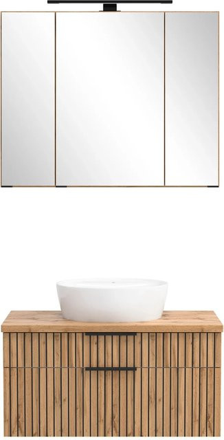 Held Möbel Waschtisch-Set aus Eiche mit weißem Keramikbecken und Spiegelschrank, 2-teilig, B/T/H: 200 x 80 x 47 cm - Bild 1