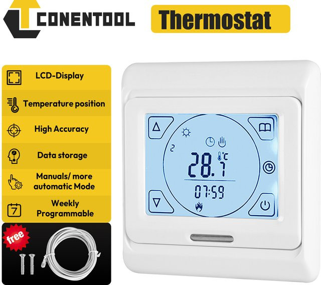 Conentool Smart Home Thermostat für elektrische Fußbodenheizung, programmierbarer digitaler LCD-Temperaturregler, 16A, Weiß - Bild 1