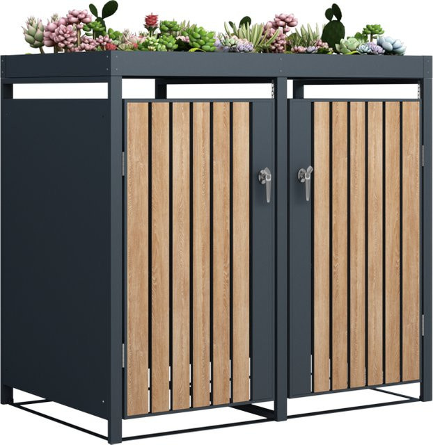 2er Mülltonnenverkleidung mit Pflanzdach aus Stahl in Anthrazit, B/T/H: 132 x 80 x 124 cm - Bild 1