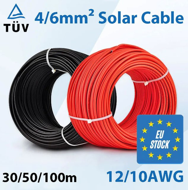 EVSOLAR Solarstromkabel 4/6 mm2 12/10 AWG Photovoltaik Draht für PV-Panels in Rot und Schwarz mit PVC Doppelschicht und TÜV-Zertifizierung - Bild 1