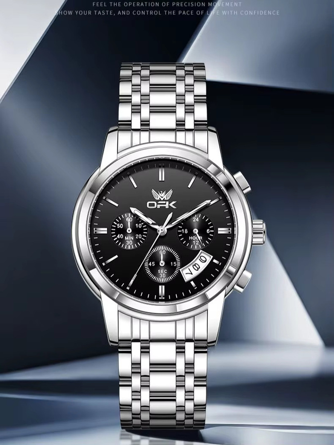 OPK Armbanduhr Chronograph, Quarz, Leder, Schwarz, Herren - Bild 7